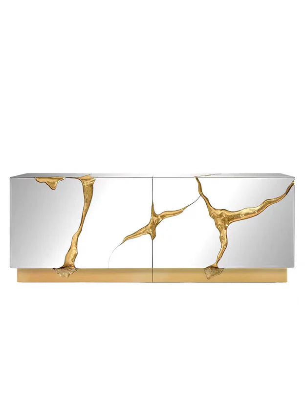 HomeDor Luxury Mirror Cabinet Gold Sideboard in Chrome/Black Finish