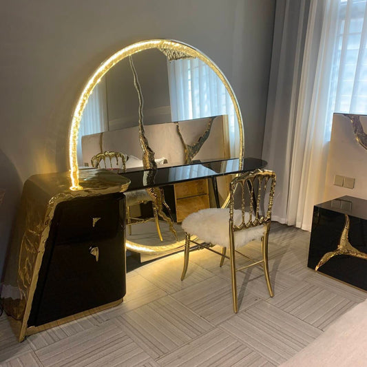 HomeDor Luxury Marble Dressing Table&Silver Crackle Dressing Mirror with Brass Finish