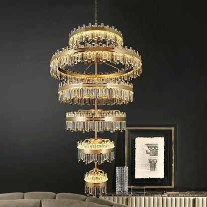 Modern Luxury 6-Ring Crystal Chandelier for High-ceiling