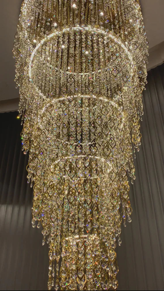 HomeDor Luxury Multi-tiered Gold Feather Waterfall Crystal Chandelier