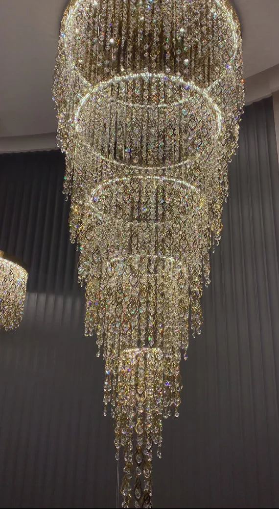 HomeDor Luxury Multi-tiered Gold Feather Waterfall Crystal Chandelier