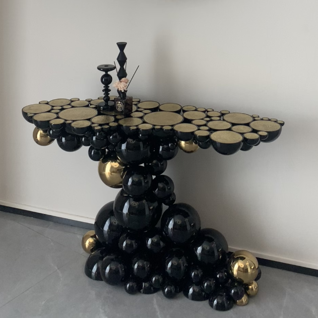 HomeDor Luxury Designer Black & Gold Bubbles Entrance Tables