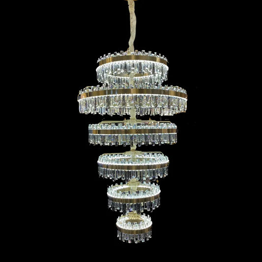 Modern Luxury 6-Ring Crystal Chandelier for High-ceiling