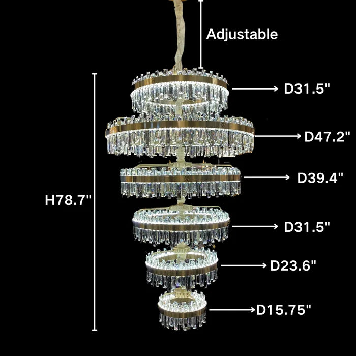 Modern Luxury 6-Ring Crystal Chandelier for High-ceiling