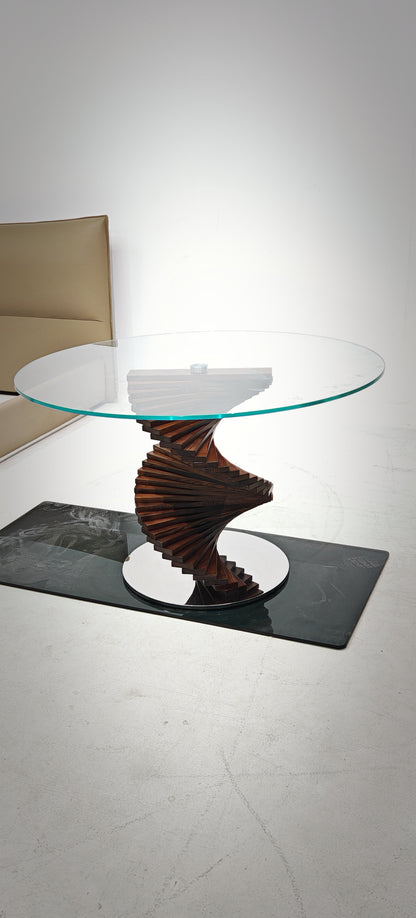 HomeDor Premium Spiral Wooden Table with Round Glass Top