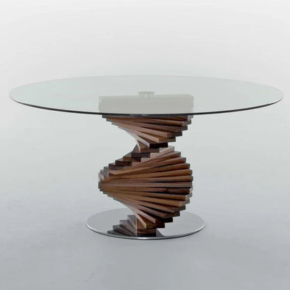 HomeDor Premium Spiral Wooden Table with Round Glass Top