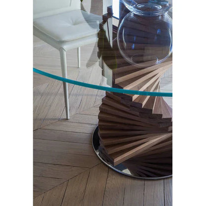 HomeDor Premium Spiral Wooden Table with Round Glass Top