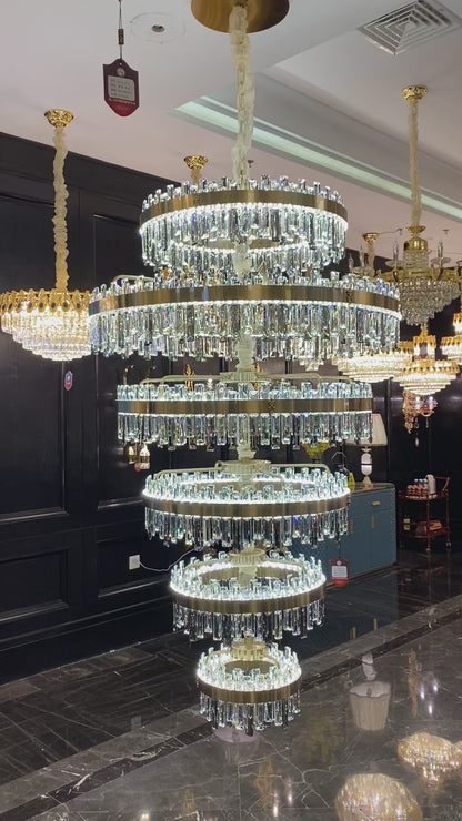 Modern Luxury 6-Ring Crystal Chandelier for High-ceiling