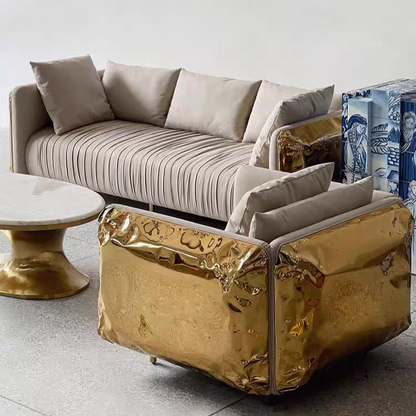 HomeDor Premium Luxury Leather Sofa with Brass Finish Color