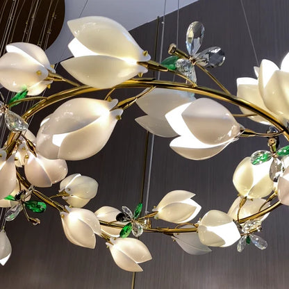 HomeDor Premium Ceramic Magnolia Ring/Linear Chandelier