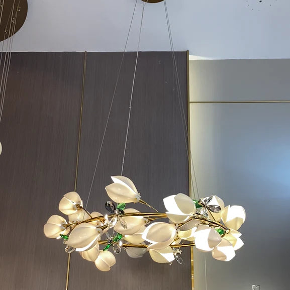 HomeDor Premium Ceramic Magnolia Ring/Linear Chandelier