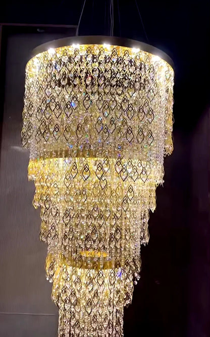 HomeDor Luxury Multi-tiered Gold Feather Waterfall Crystal Chandelier