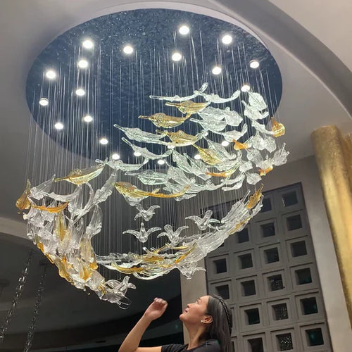 HomeDor Premium Modern Floating Glass Feather Chandelier