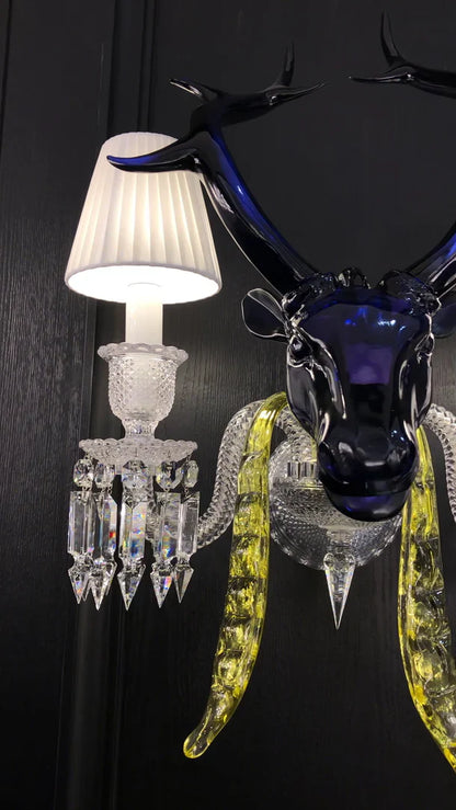 HomeDor Premium Luxury Blue Elk Head Crystal Lampshade Wall Sconce