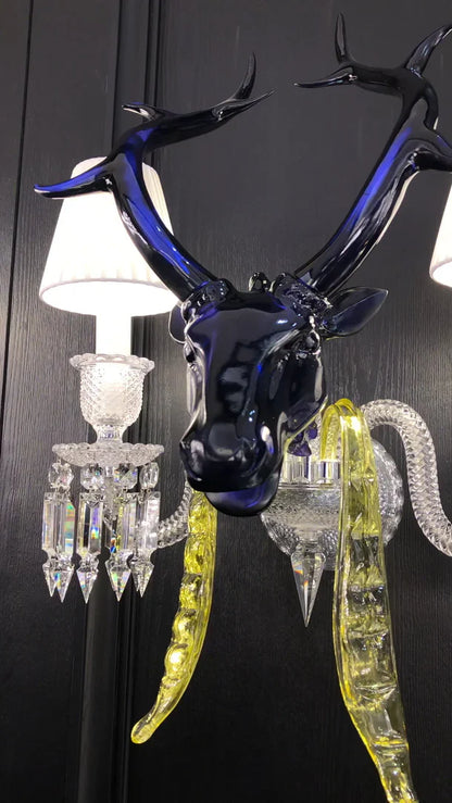 HomeDor Premium Luxury Blue Elk Head Crystal Lampshade Wall Sconce