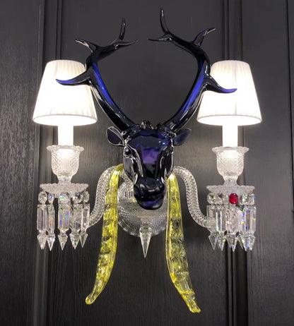 HomeDor Premium Luxury Blue Elk Head Crystal Lampshade Wall Sconce