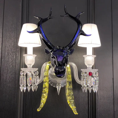 HomeDor Premium Luxury Blue Elk Head Crystal Lampshade Wall Sconce