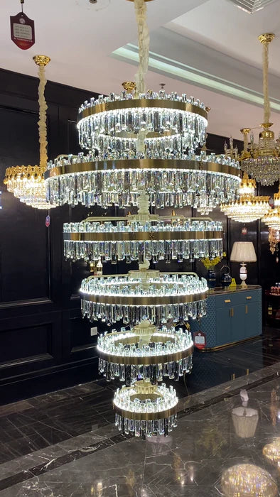 Modern Luxury 6-Ring Crystal Chandelier for High-ceiling