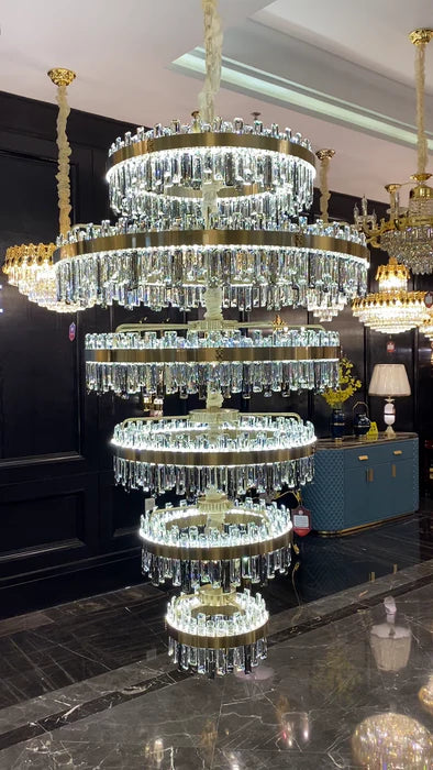 Modern Luxury 6-Ring Crystal Chandelier for High-ceiling