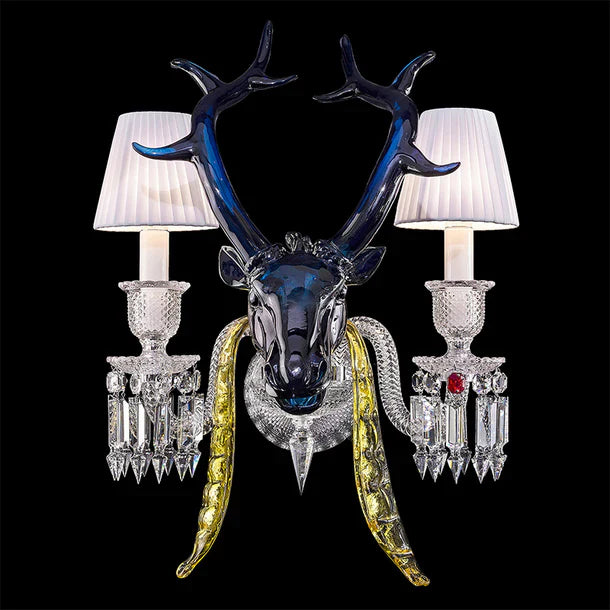 HomeDor Premium Luxury Blue Elk Head Crystal Lampshade Wall Sconce