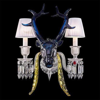 HomeDor Premium Luxury Blue Elk Head Crystal Lampshade Wall Sconce